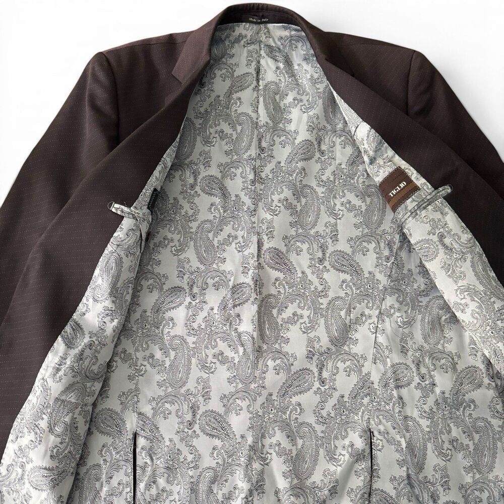 Tiglio Paisley Blazer Men 44R Super 150's Brown Pinstripe Wool Italy Sport Coat